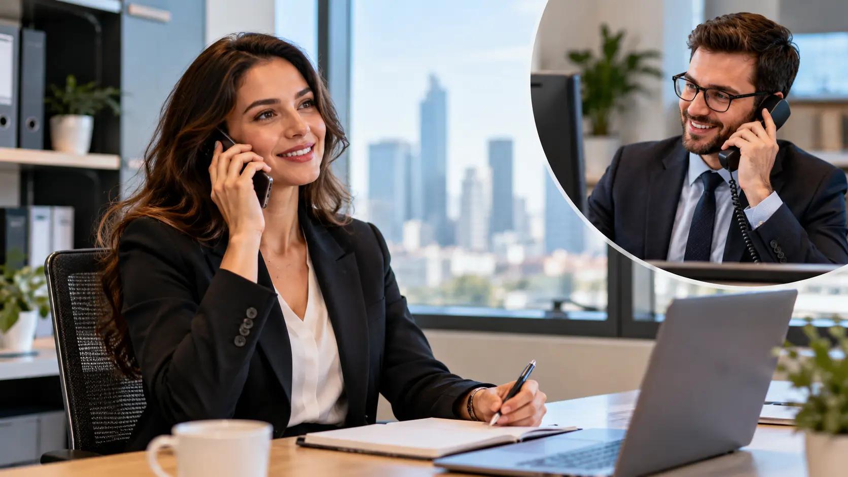 Modern ofis ortamında uluslararası iş ortağıyla İngilizce telefon görüşmesi yapan ve konuşma sırasında not alan profesyonel çalışan