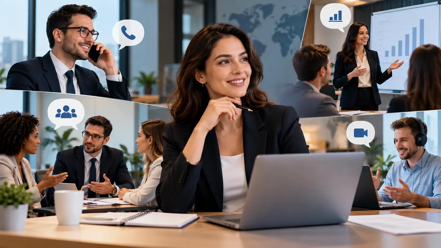 Modern ofis ortamında İngilizce iş toplantısı, telefon görüşmesi, sunum ve online görüşme gerçekleştiren profesyonel çalışanlar